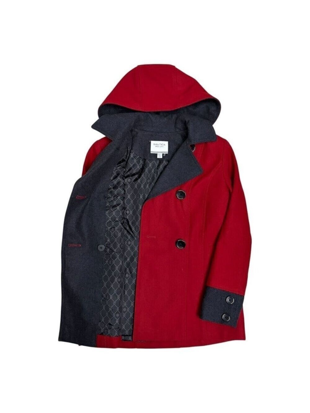 NAUTICA Recycled Wool Blend Winter Designer Casual Red Pea Coat Womens Medium - Picture 3 of 10